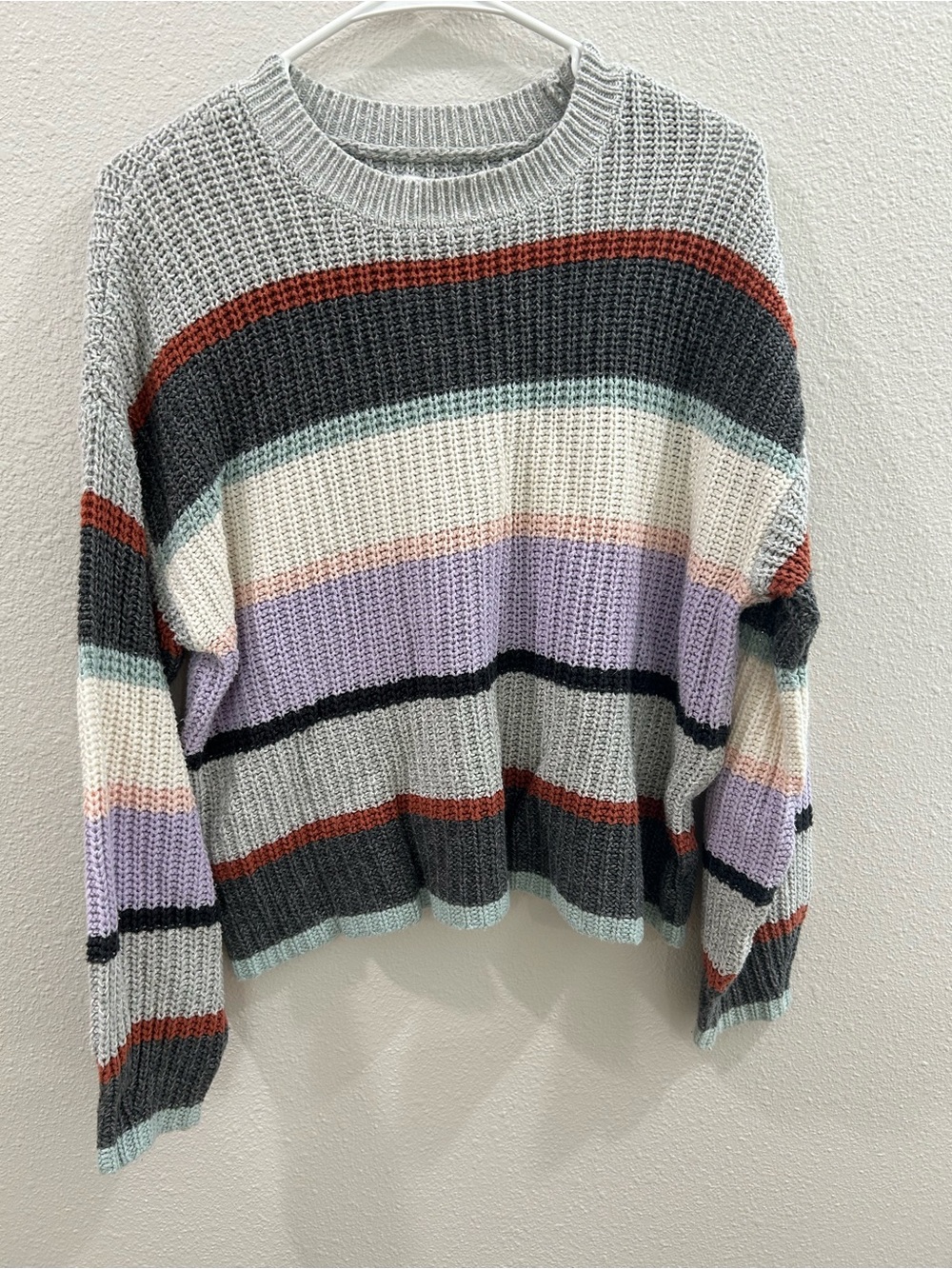 American Eagle Outfitters Striped Crewneck Sweater in Gray, Cream & Lavender